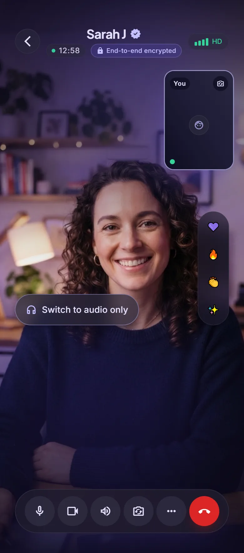 An end-to-end encrypted Blabing video call with Sarah J, with mute, camera, speaker and end call buttons