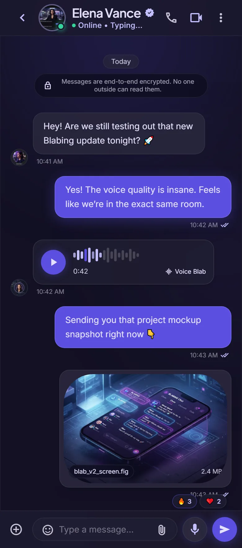A Blabing conversation with text messages, a voice note, a shared file and emoji reactions