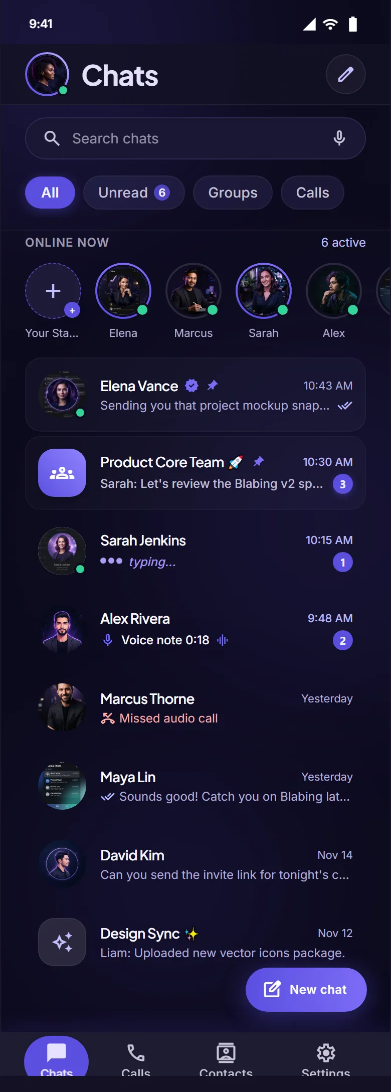 Blabing chats inbox showing pinned chats, unread counts, a voice note preview and friends who are online