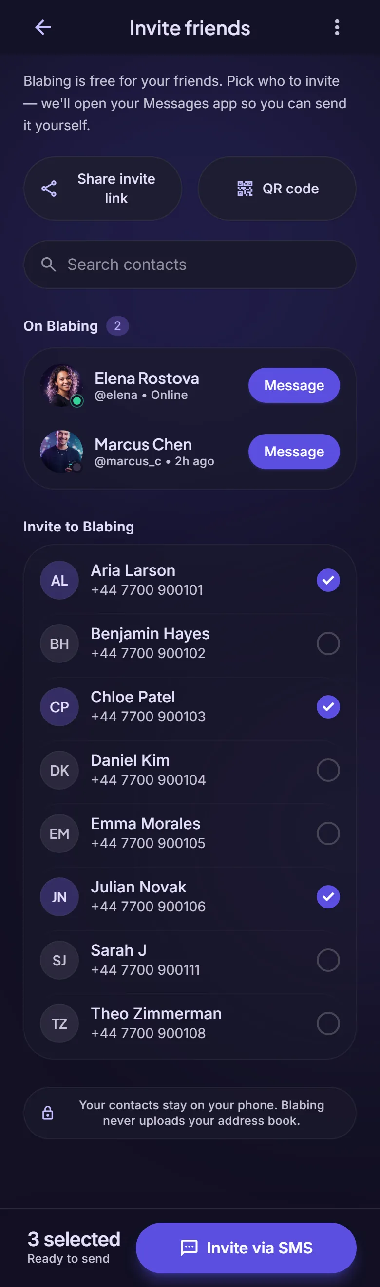 The Blabing Invite friends screen with phone contacts to tick and an Invite via SMS button